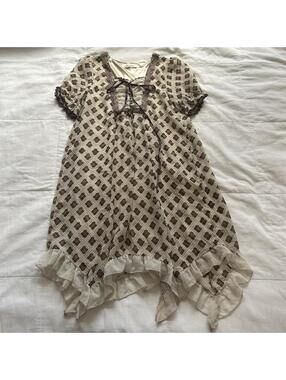 Axes Femme Cream Brown Floral Print Dress Lace Up Handkerchief Ruffle Hem M